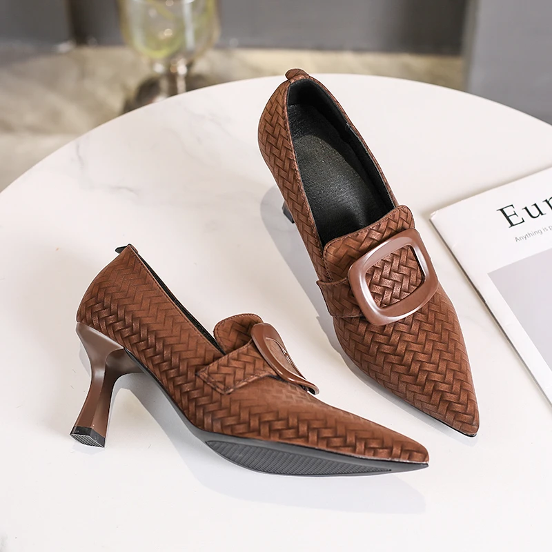 Aphixta 7cm Thin Heels Woman Ankle Boots Slip On Pointed Toe Woman Autumn Winter Shoes Checkered Upper High Heels Modern Boots