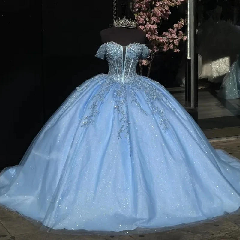 

Реальное изображение, небесно-голубое платье Quinceanera для 16 девушек, блестящее платье принцессы с аппликацией, кружевное платье для дня рождения, платья для 15 лет