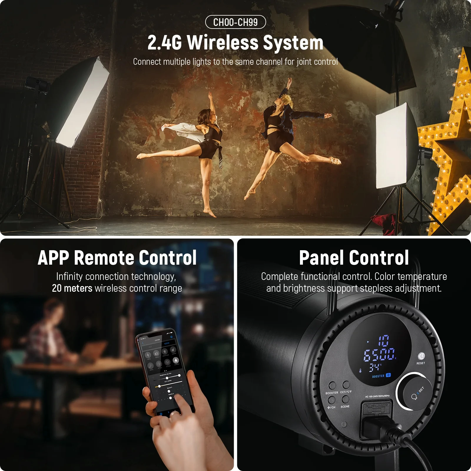 NEEWER CB200B 이중 색상 LED 비디오 조명, 2700K-6500K 2.4G 앱 리모컨 COB LED 조명, 비디오 레코드 보웬스 마운트 포함, 210W