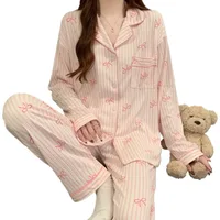 Striped Nightwear Women High Quality Spring and Summer Cardigan Pajamas Casual Set Student Loungewear Two Piece Set Sleepwear - Image 6