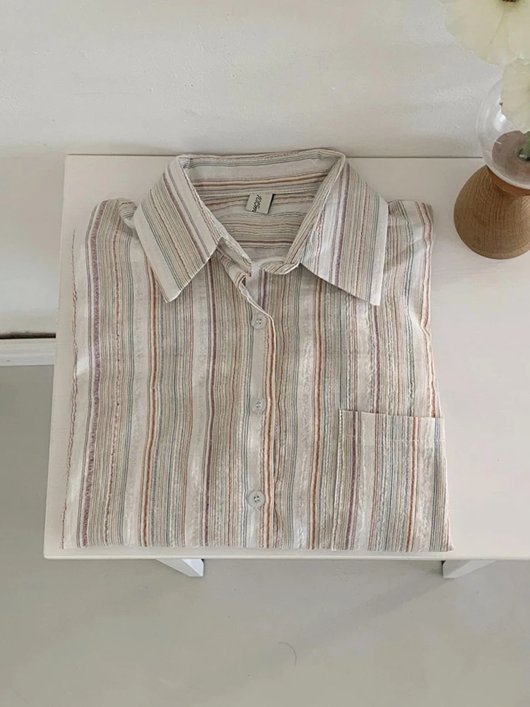 QOERLIN Chic Colorful Striped Spring Summer Long Sleeve Shirts Women Turn-Down Collar Button Up Loose Casual Pocket Tops Blouse