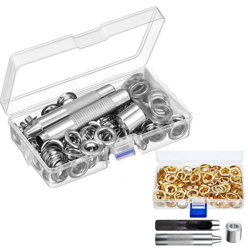 그로밋 툴 키트 100세트 그로밋 아일렛 6mm 10mm 12mm 14mm 내경 실버 의류 신발 가방 가죽 공예 DIY용