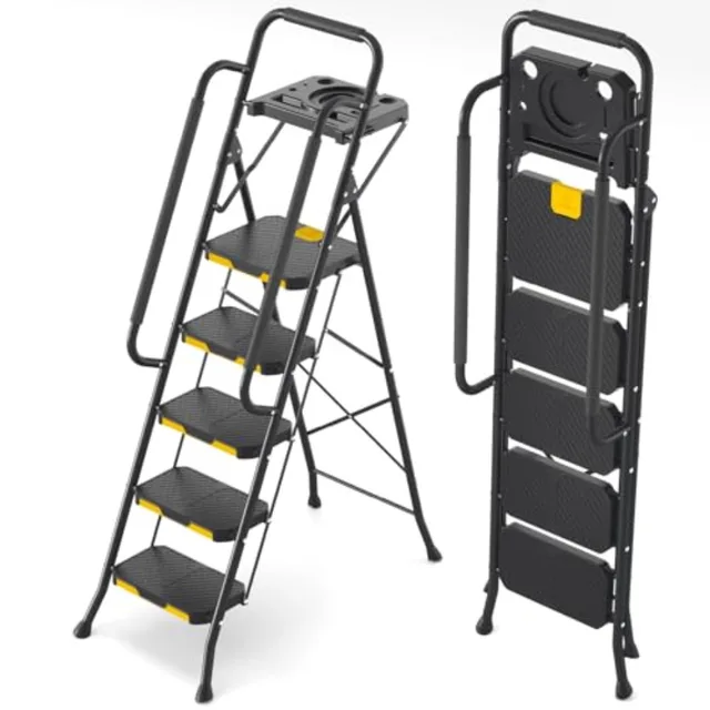 5 Step Ladder Sturdy Steel Step Stool with Anti-Slip Wide Pedals Handrail Safe-Lock Design 800lbs Folding Portable Ladder for M