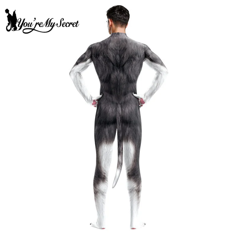 Cosplay costume [You're My Secret] Halloween Furry Cosplay Costume Husky Dog Men's Cosplay Animal Wolf Print Pet Bodysuit Jumpsuit with Tail