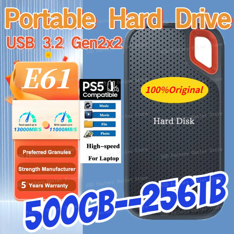 

2024 SSD E61 2TB 1TB 256TB USB 3.2 Type-A/C Portable External Solid State Drive NVME Hard Disk Original Small Portable for PS5