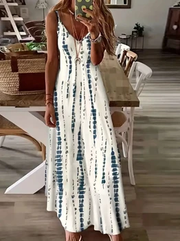 Women's long dress with casual loose V-neck with tie-dye Spaghetti print Long summer dress for beach holidays 1