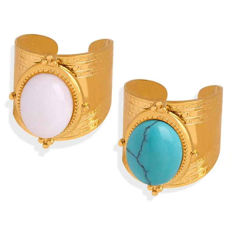 1/2Pcs Turquoise Stone Opal Stone Open Rings For Women Stainless Steel Vintage Gold Color Wide Ring Finger Rings Jewelry Gifts
