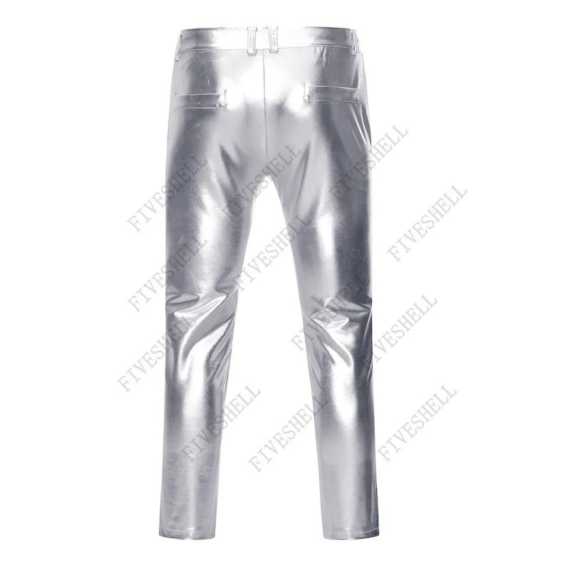 Motorcycle PU Leather Pants Men Brand Skinny Shiny Gold Coated Metallic Pants Trousers Nightclub Stage Perform Pants for Singers