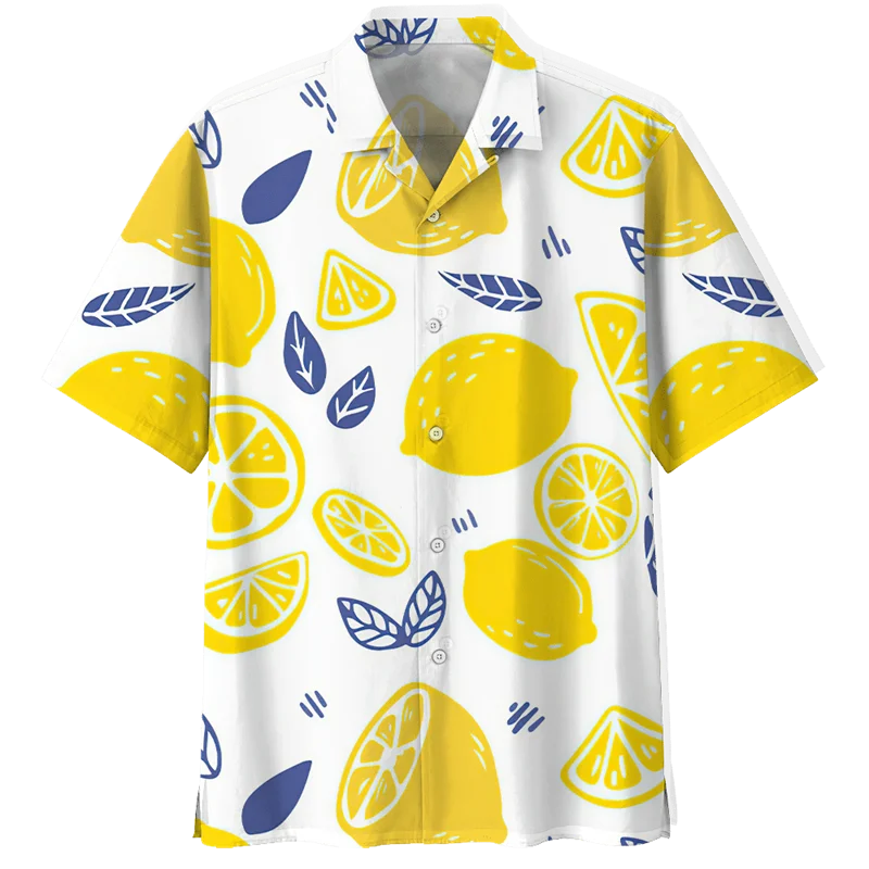 

Lemon Pattern Aloha Shirts Men 3D Printed Tropical Fruits Short Sleeve Button Blouse Streetwear Oversized Lapel Hawaiian Shirt