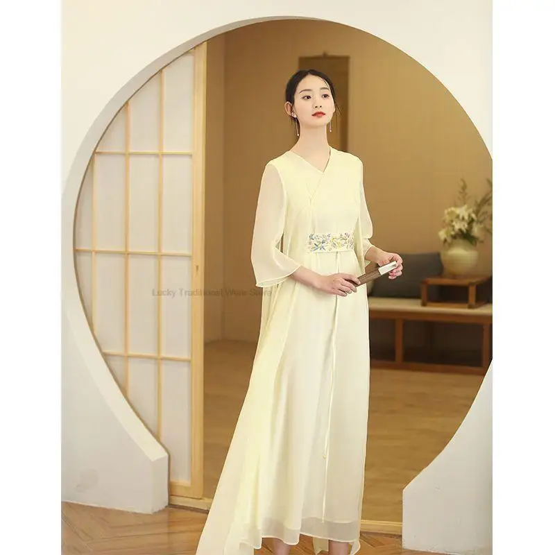 

Chinese Hanfu Dress Traditional Cheongsam Flower Embroidery Qipao Dress Vintage Oriental Dress Chinese Chiffon Dress Qipao