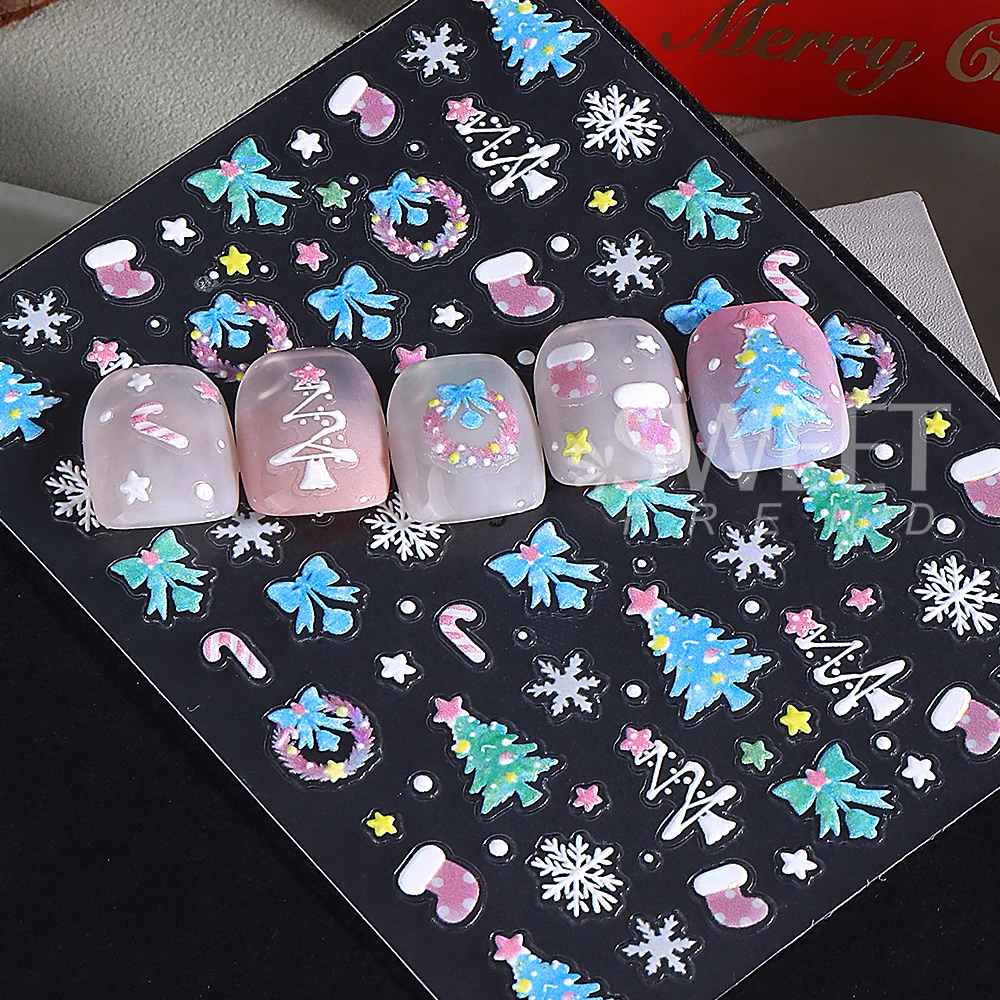 5D Cute Christmas Tree Nail Art Stickers Snowflake Bow Socks Star Design Decals DIY Self-Adhesive Stickers Manicure Decoration