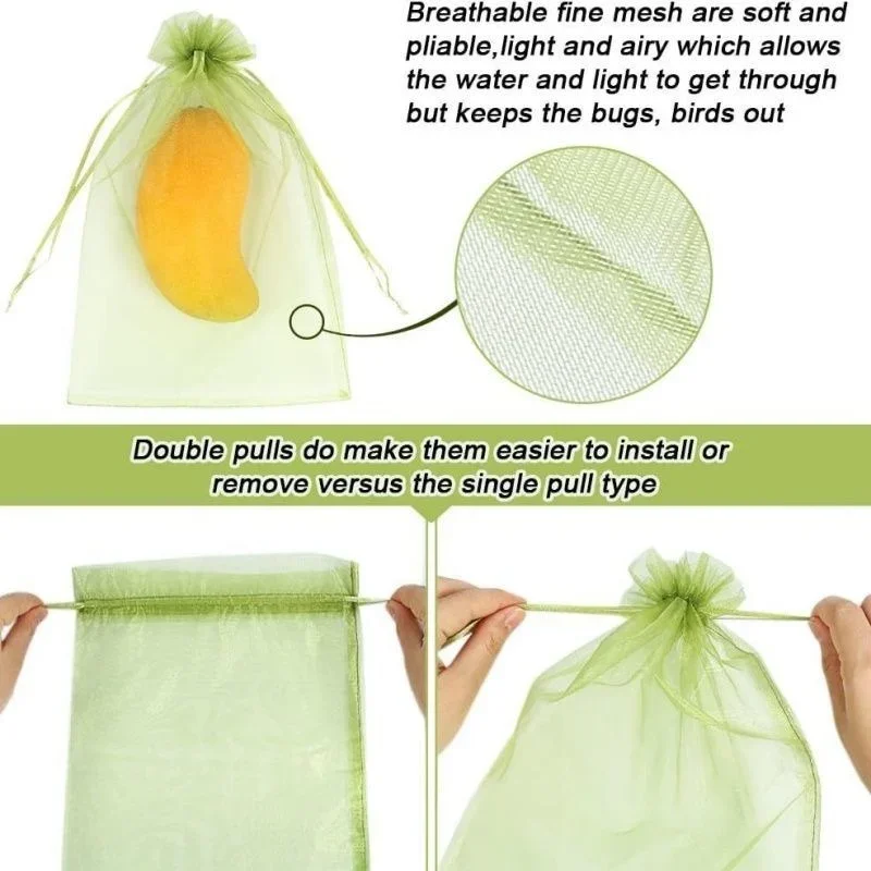 Reusable Drawstring Green Pest Barrier Net Bags for Garden Fruits and Vegetables