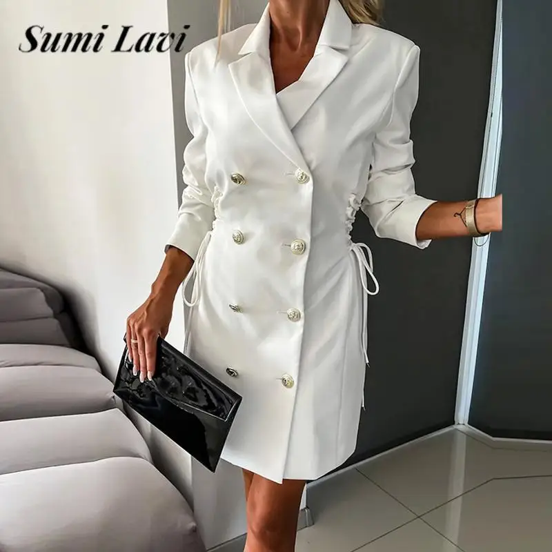 

Elegant Long Sleeve Waisted Cross Lace-up Dress Fashion Notched Lapel Double Breasted Mini Dress Autumn Office Lady Blazer Dress