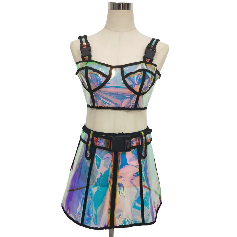 

Прозрачные лазерные топы, юбка, одежда для пикантных ночных клубов, баров, диджеев, представлений, танцевальный костюм для фестиваля, вечерние, одежда для сцены