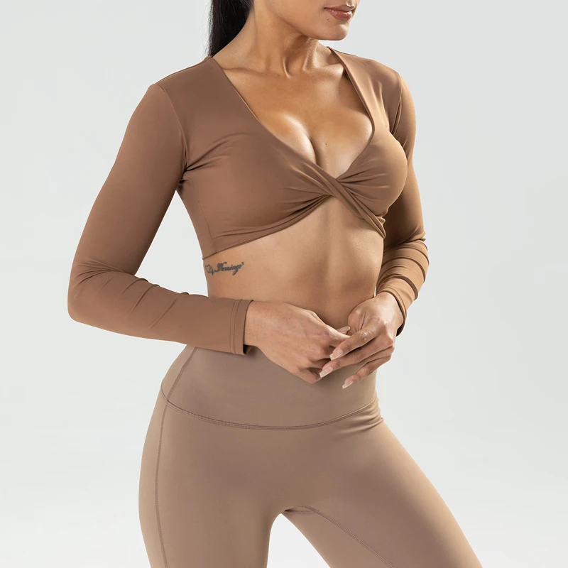Yoga Top Sports T Shirt Women Long Sleeve Gym Crop Tops Twist Deep V Workout Quick Dry Padded