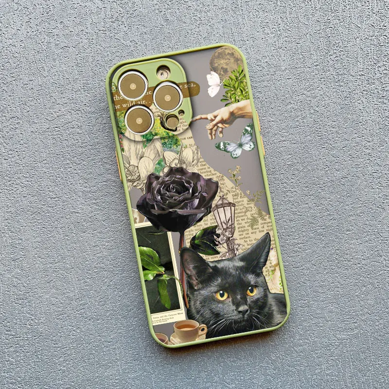 Vintage Black Cat and White Kitten Illustration Phone Case - Cute Cartoon Design