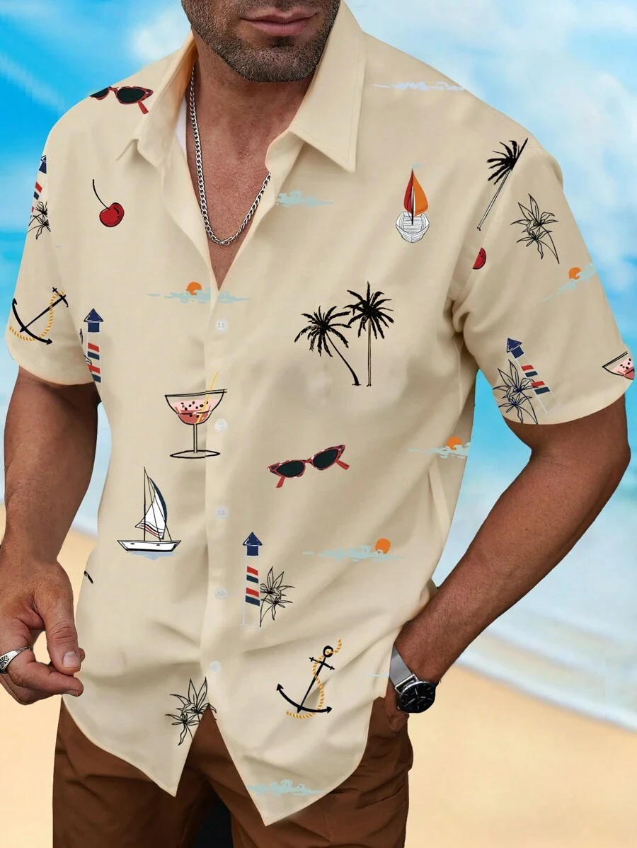 Men's Woven Fashion Casual Beach Surf Holiday Palm Tree Pattern Slim Fit Short Sleeve Shirt 3