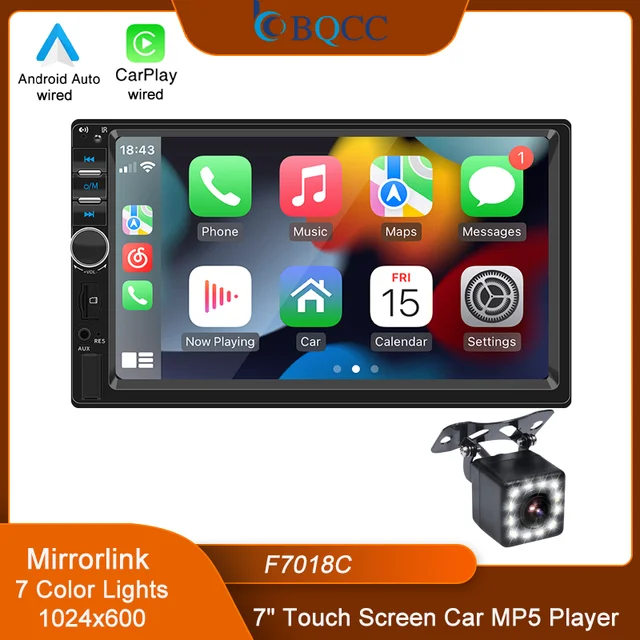 BQCC 7" 2Din/1 Din MP5 Car Player Mirrorlink wired Android AUTO/CarPlay BT AUX  Colorful lights FM Car Radio F7018C