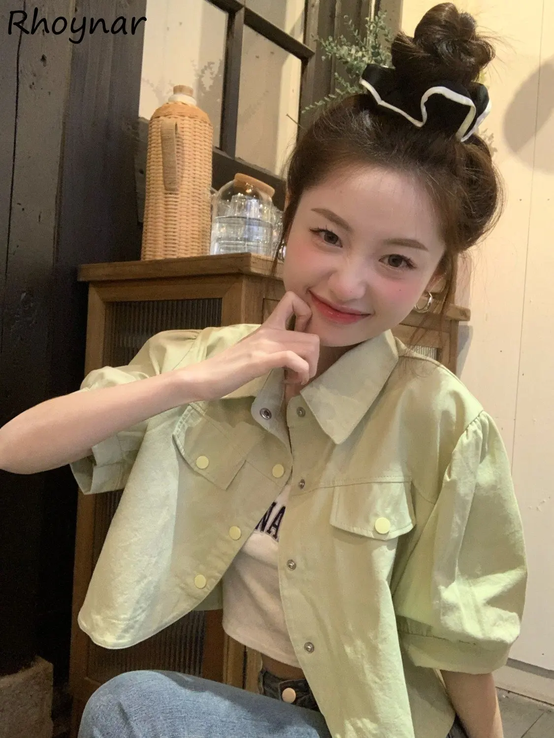 

Baggy Shirts Women Kawaii Leisure Summer Students Pockets Vintage Safari Style Streetwear Cropped Ulzzang Simple Harajuku Trendy