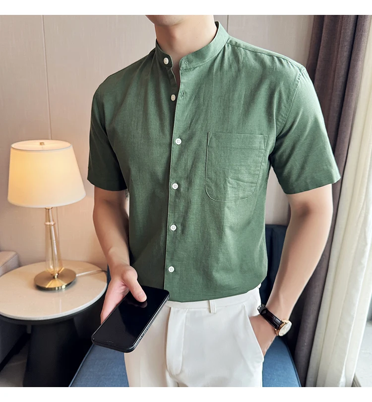 Description Picture 4 of itemSummer Linen Shirts For Men New Chinese Style Stand Collar Plain Color Short Sleeve Men's Social Shirt Slim Fit Breathable 4XL-M