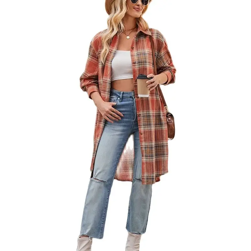Spring Autumn Polo-neck Plaid Patchwork Vintage Shirt Ladies Loose Casual Buttons Fashion Top Women Long Sleeve Cardigan Blouse ehqaxin autumn womens dresses fashion elegant ruffle stitching a shaped buttons long dress for ladies l 4xl