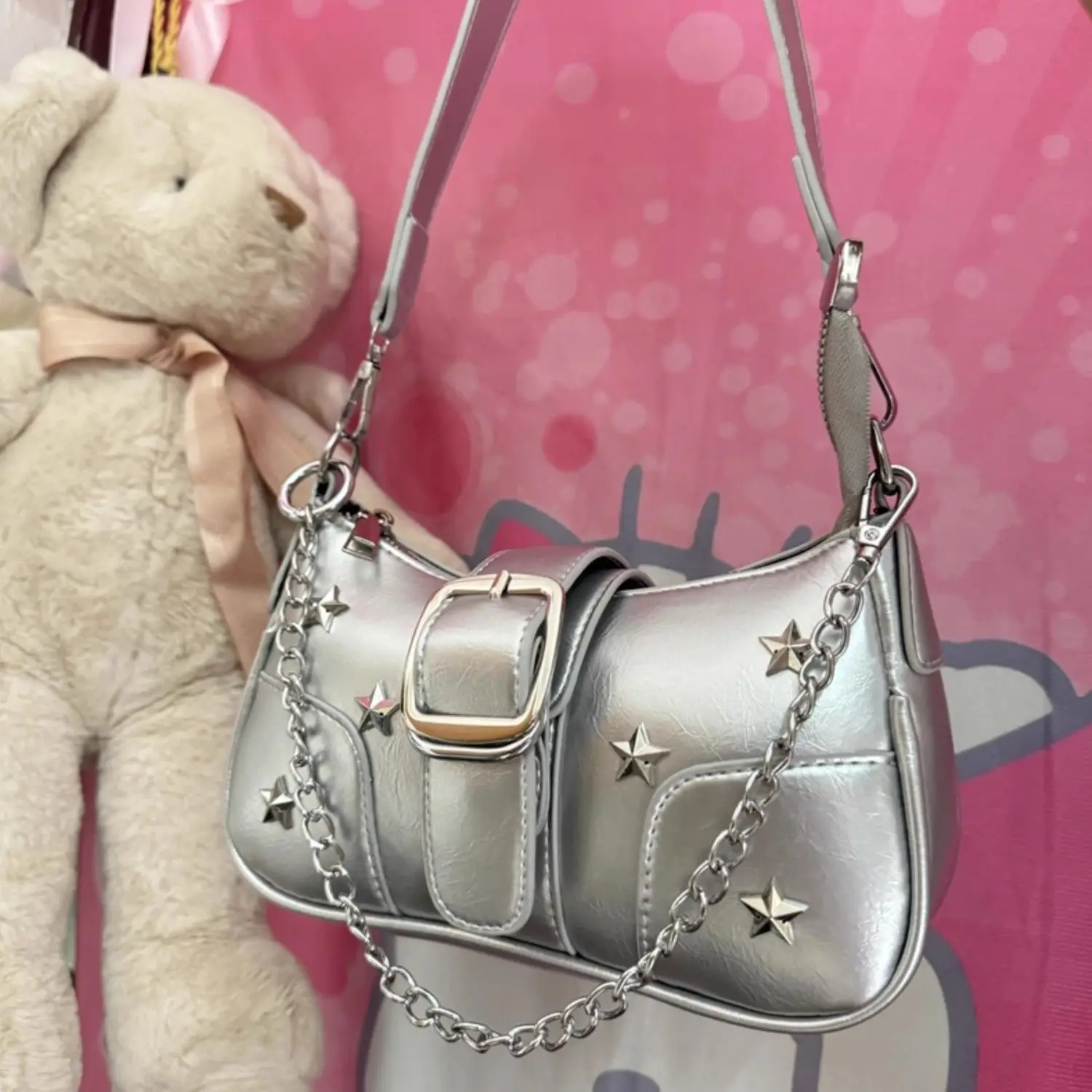 JIAERDI Hot Girl Silver Harajuku Handbag Women Star Studded Leather Buckle Shoulder Bags Ladies Y2k Aesthetic Crossbody Bag Chic