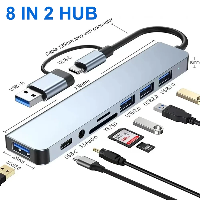 USB Adapter Converter 8 in 2 USB +Type C HUB Docking Station With 3.5mm Audio Jack Micro SD Card Reader Laptop Tablet Phone Disk