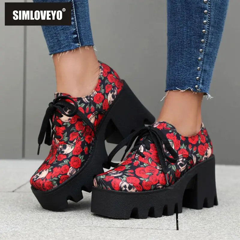 

SIMLOVEYO Female Pumps Square Toe Chunky Heels 7cm Platform 4cm Lace Up Flower Mixed Color Plus Size 45 46 Leisure Daily Shoes