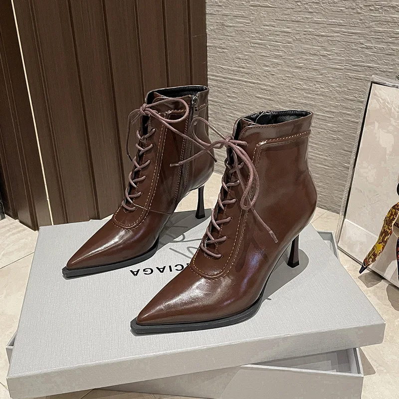 8288-2 Pointed 2023 Autumn/Winter Fashion High Heel Short Boots Lace up Thin Heel Side Zipper Women's Boots