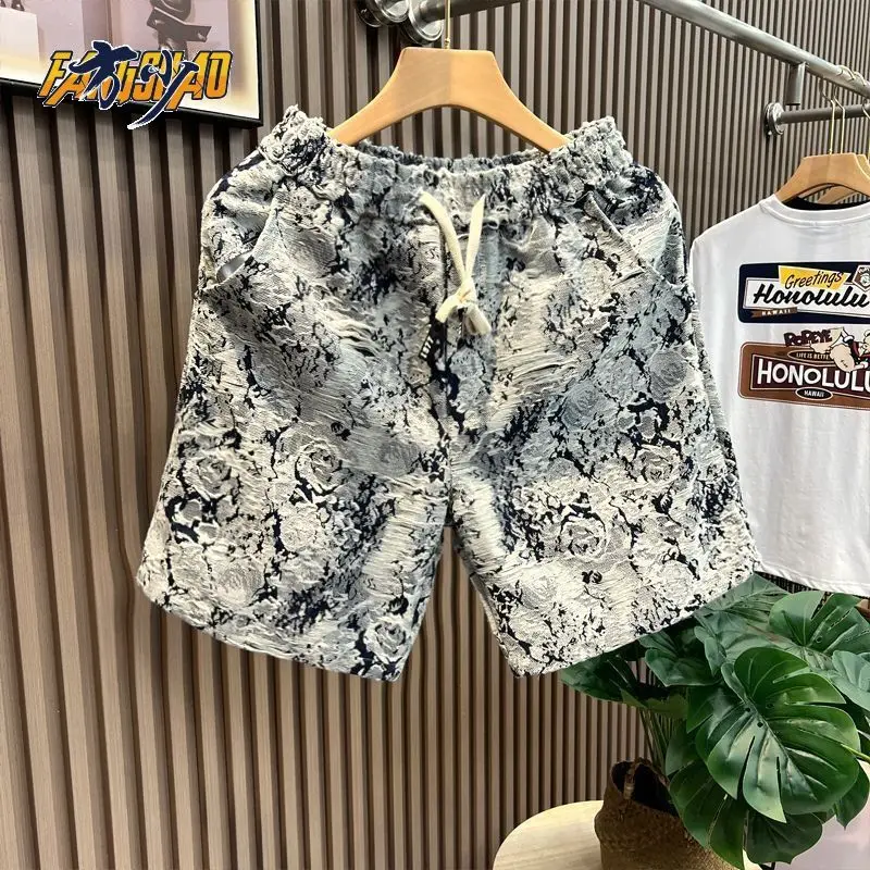 New Design Sense Floral Denim Shorts Men's Fashionable All-Match Loose Blue and White Porcelain Cropped Pants Casual Pants