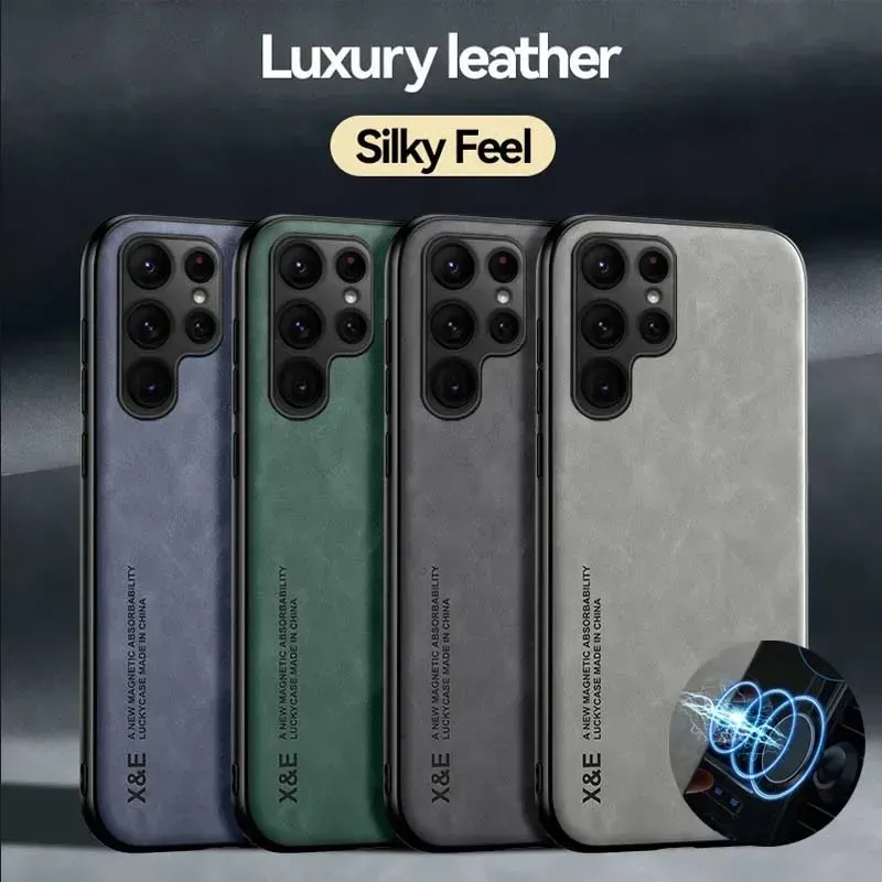 Luxury Leather Case For Samsung S25 S24 S23 S22 Ultra FE A16 A36 A26 A06 A56 5G Cover With Metal Plate Support Car Hold