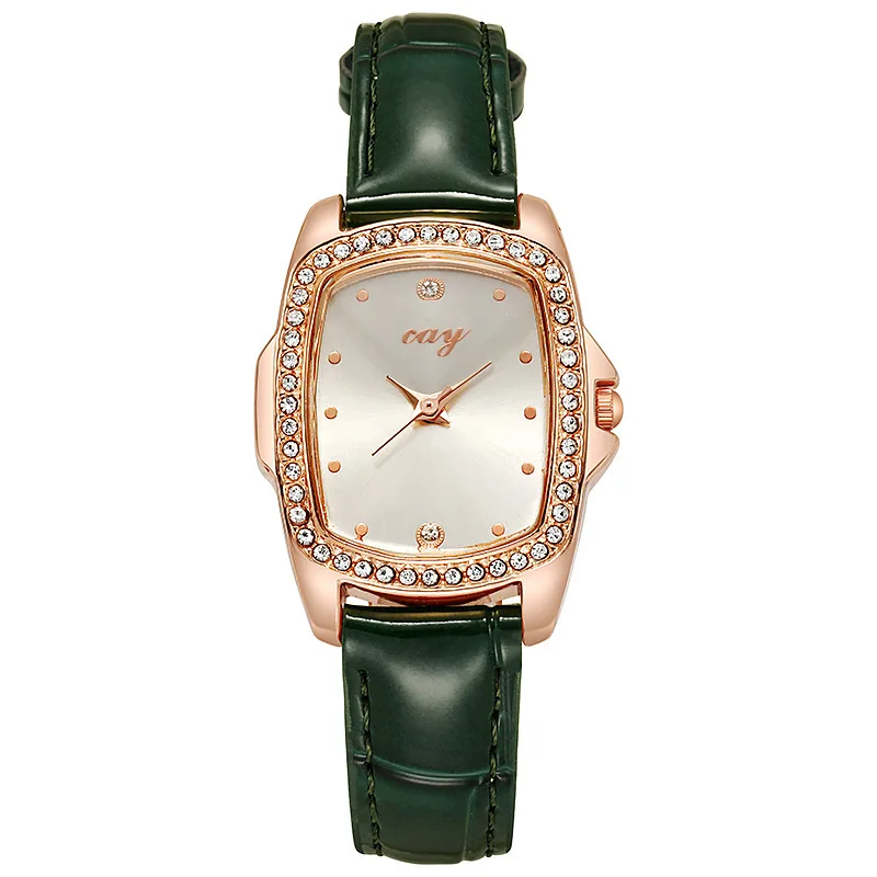 

Green Watch Quartz Wristwatches Leather Strap Rhinestone Elegant Diamond-inlaid Watches for Women Часы Женские Наручные Relojes