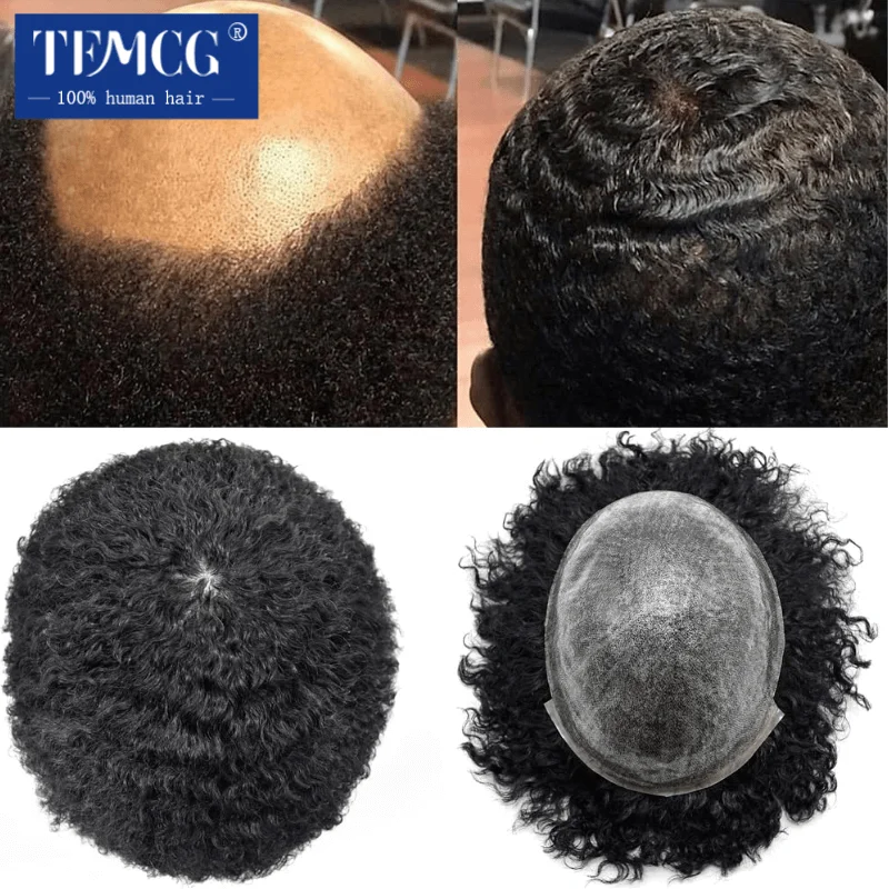 

Afro Curly Mens Toupee 100% Natural Human Hair Systems Injected PU Skin Hairpiece Replacement Kinky Curly Wigs for Black Men