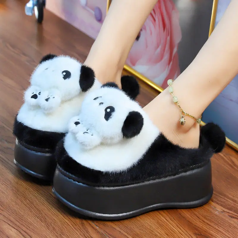 Platform Heels 5.8cm EVA slippers women Cute Panda Slippers Home Warm Winter fluffy Fur Slides Girls Women's home slippers