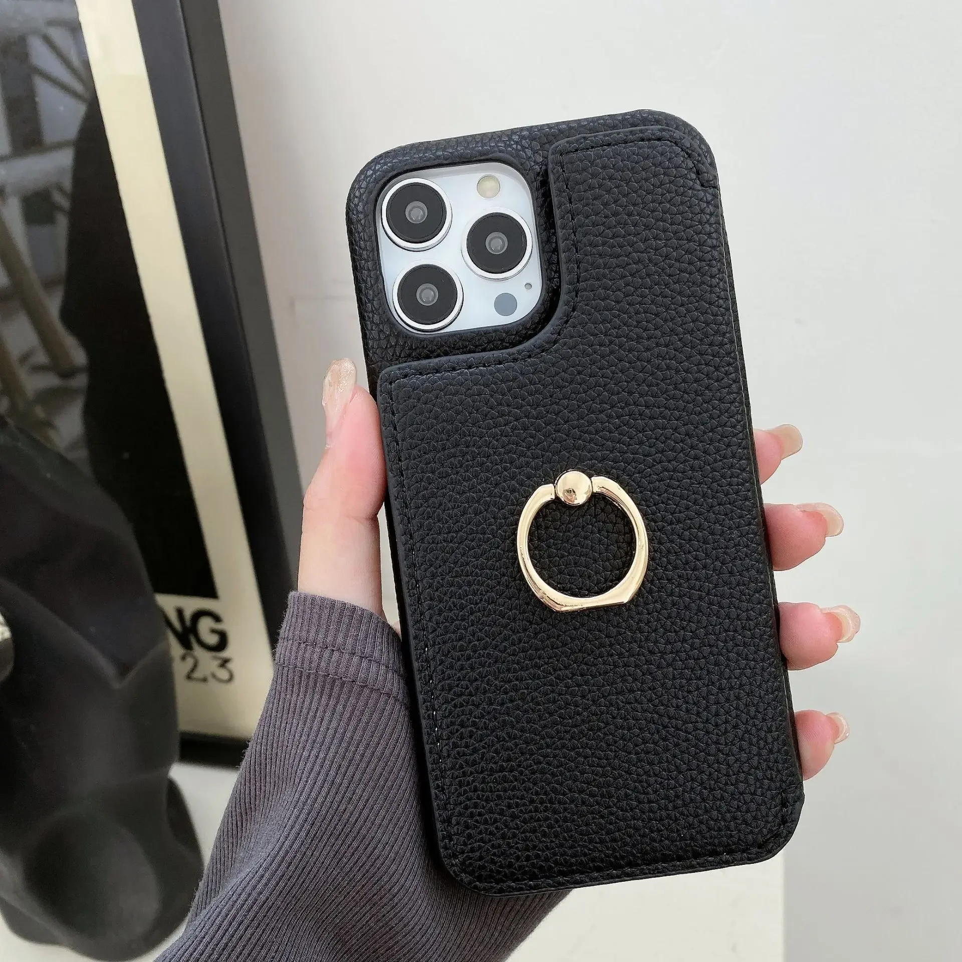 

New for IPhone14 Bi-Fold Card Mirror Phone Case 13Promax Pebble Ring Stand XS XSMAX XR 12 11Pro 8Plus 7G Phone Protective Cover