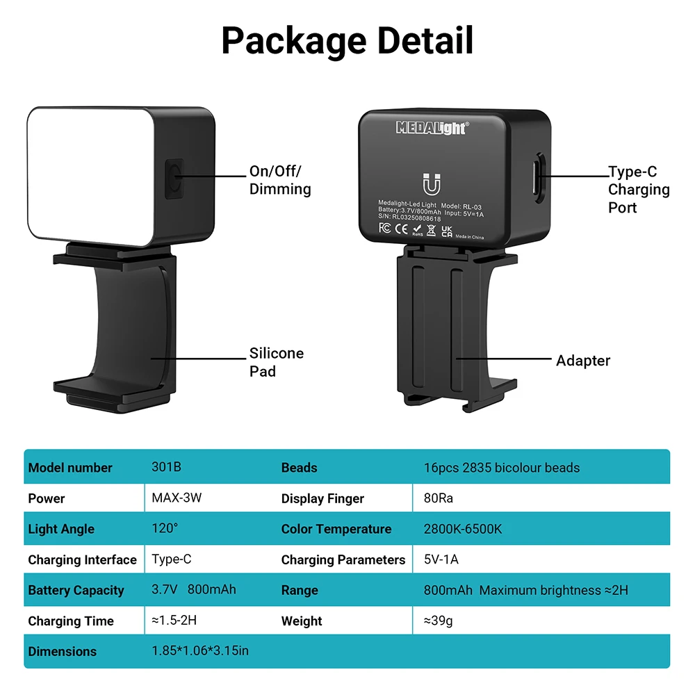 MEDALigh RL-03 포켓 3 미니 LED 조명 비디오 라이트 (DJI 오즈모 포켓 3용, 브이로그, 라이브 방송용, 800mAh 충전식)