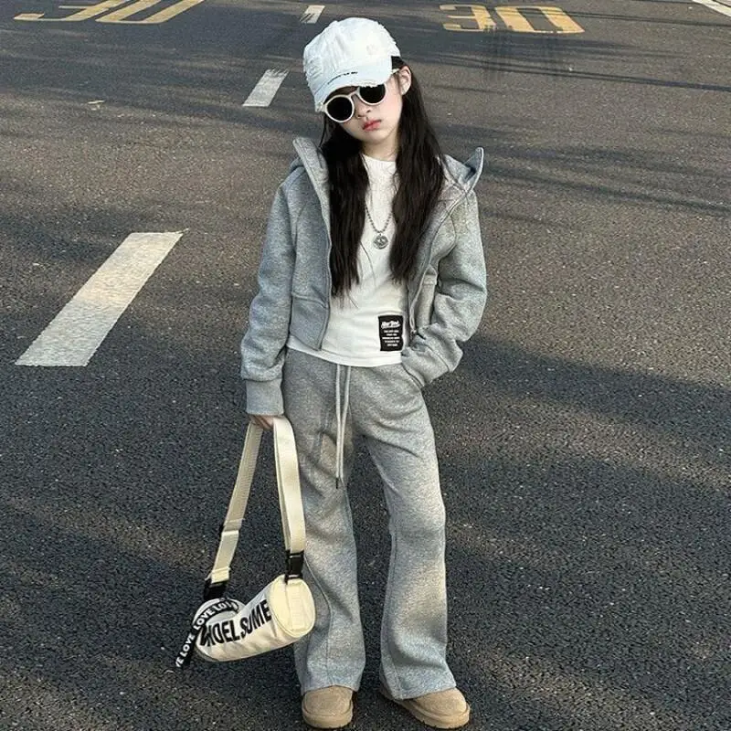 귀여운 캐주얼 코트 세트 패션 2피스 세트 아동복 여아 후드티와 벨보텀 팬츠 2025 신상 패션 3