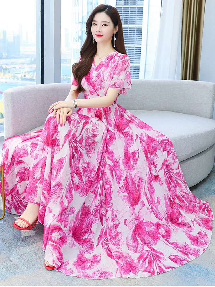 

Beach Chic Casual V-Neck Fashion Long Prom Bodycon Dresses For Blue Women 2023 New Summer Pink Chiffon Boho Dress Elegant Floral