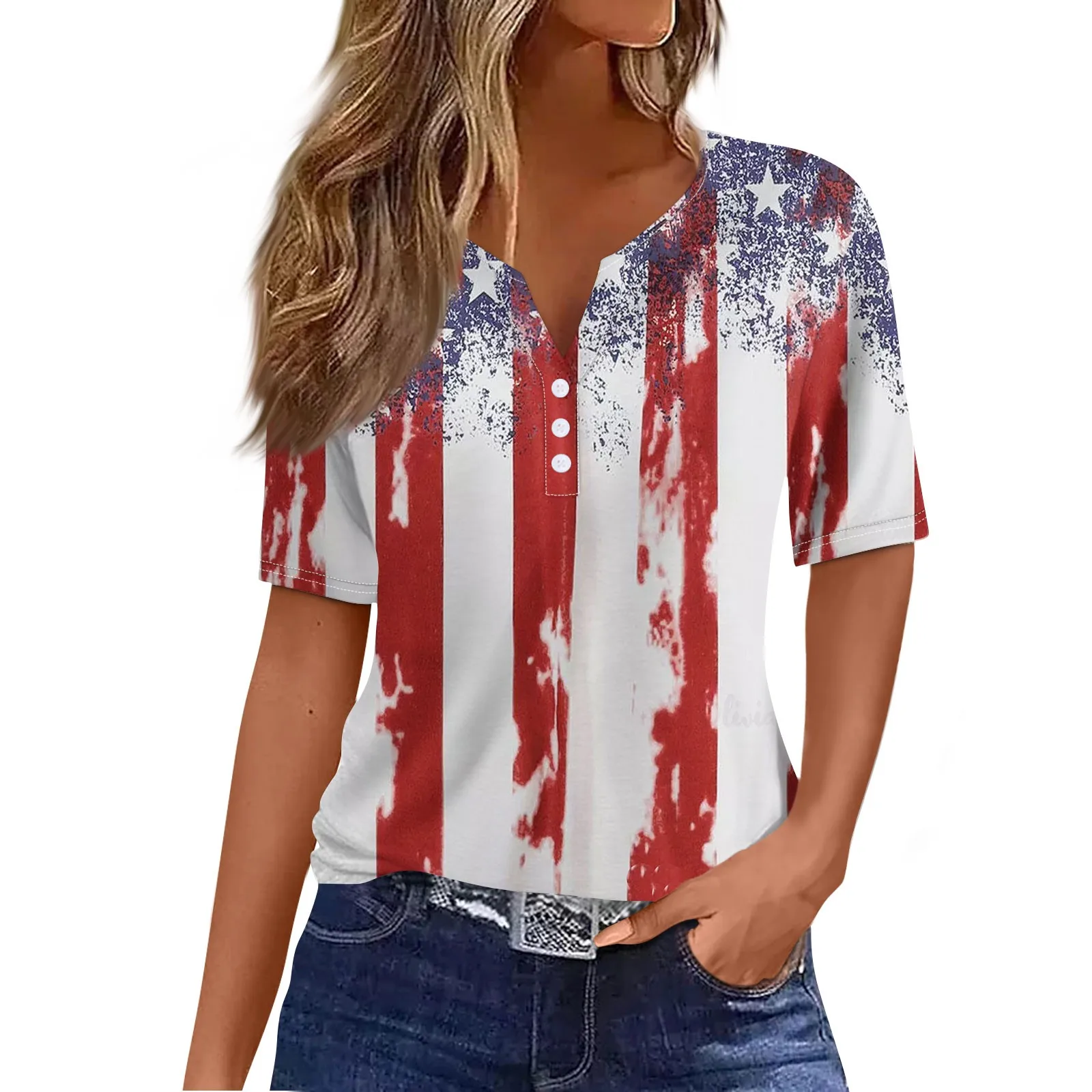 

2024 T Shirts For Girls Women'S T Shirt Tee Print Button Short Sleeve Daily Weekend Fashion Basic V- Neck Regular Top 반팔티 Camisa