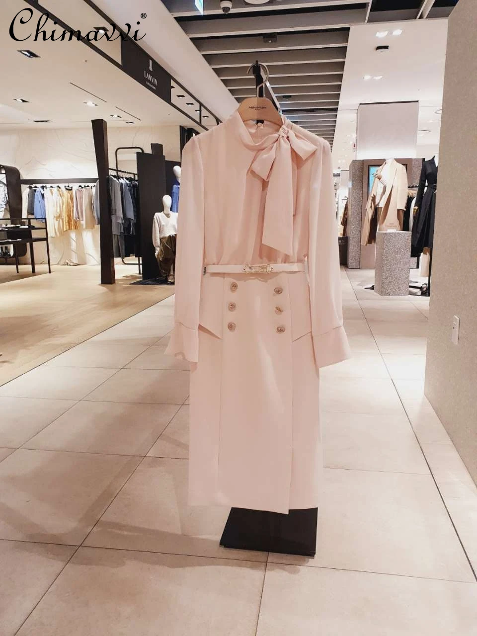 

2024 Spring Autumn New Professional Belt Dress Fashion Long Sleeve Slim Double-Breasted OL Mid-Length Lace-up Bow Dress Women