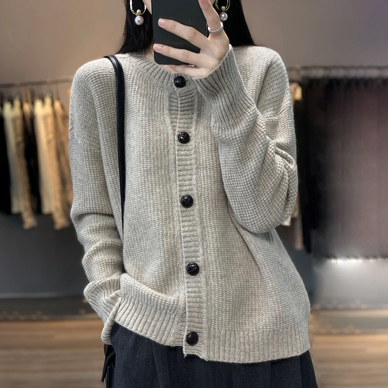 

100% pure wool sweater women's 2022 autumn and winter new round neck cardigan casual knitted top Korean fashion jacket women