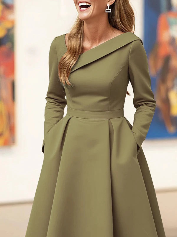 فستان متوسط الطول بياقة غير متماثلة باللون الأخضر...