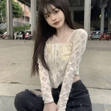 

Blouses Women Long Sleeve Lace Square Collar Crop Top Female Casual Thin All-match Shirts Korean Style Elegant Womens Blouse New