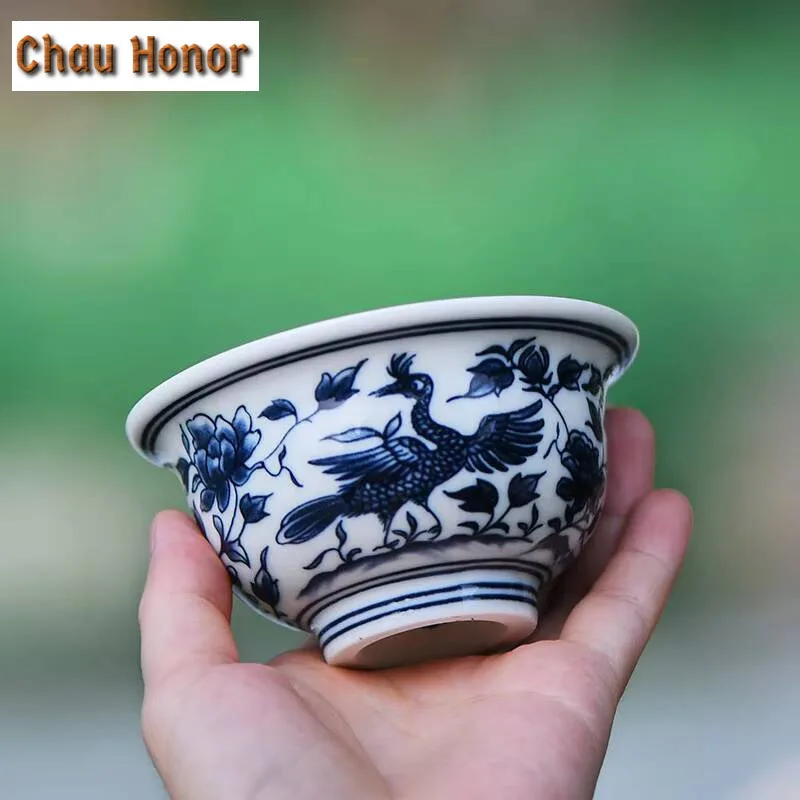 120ml Flying Crane in Flower Ceramic Tea Cup Antique Blue and White Porcelain Press Hand Cup Large Puer Tea Bowl Kung Fu Tea Set