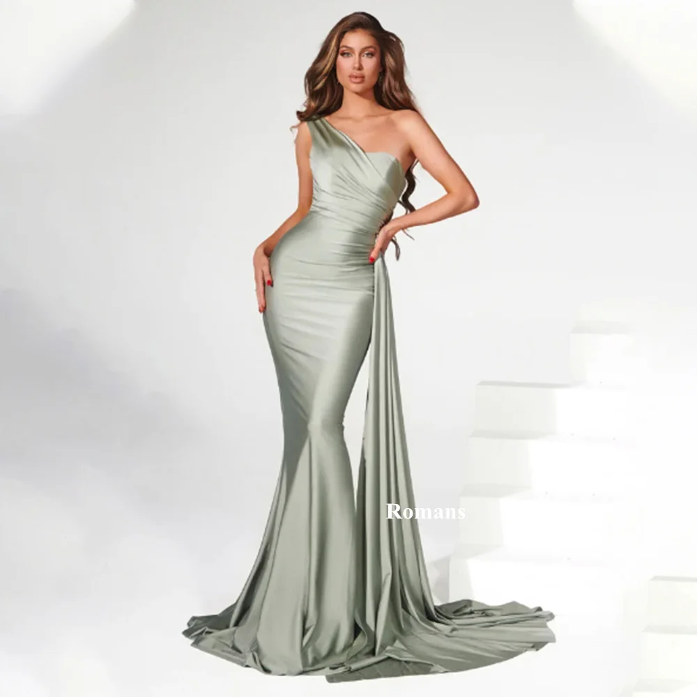 

Romans One Shoulder Evening Dress for Women Mermaid Long Wedding Party Dresses Sleeveless Backless Pleat vestidos de festa