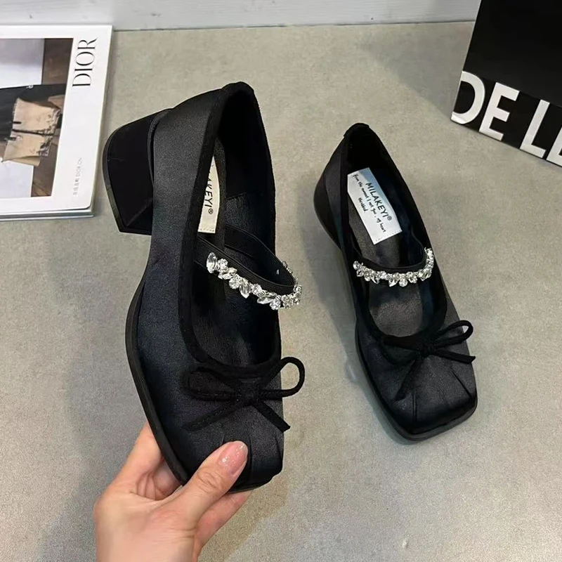 Crystal Bow Mary Jane Shoes Mid Heels Women Chunky Shoes 2025 Elegant Shallow Spring Pumps Shoes Dress Trend De Party Zapatillas 3