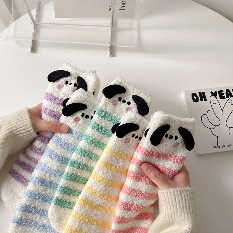 

Coral Plush Socks for Children Thick Striped Mid Length Sock Winter Sleep Sock for Warmth Cute and Versatile Floor Women Socks