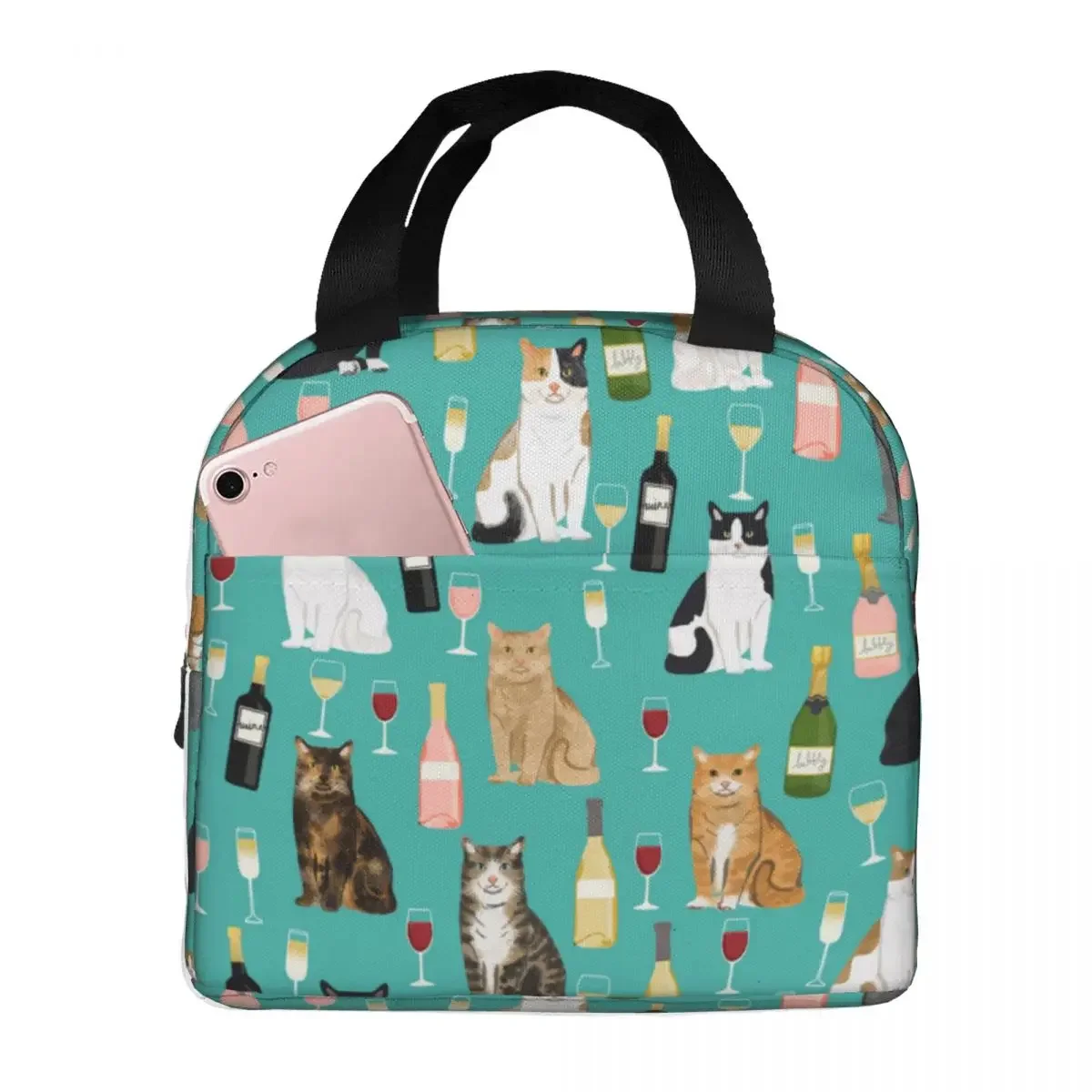 

Cats And Wine Cute Lunch Bag Portable Insulated Oxford Cooler Animal Thermal Food Picnic Lunch Box for Women Kids