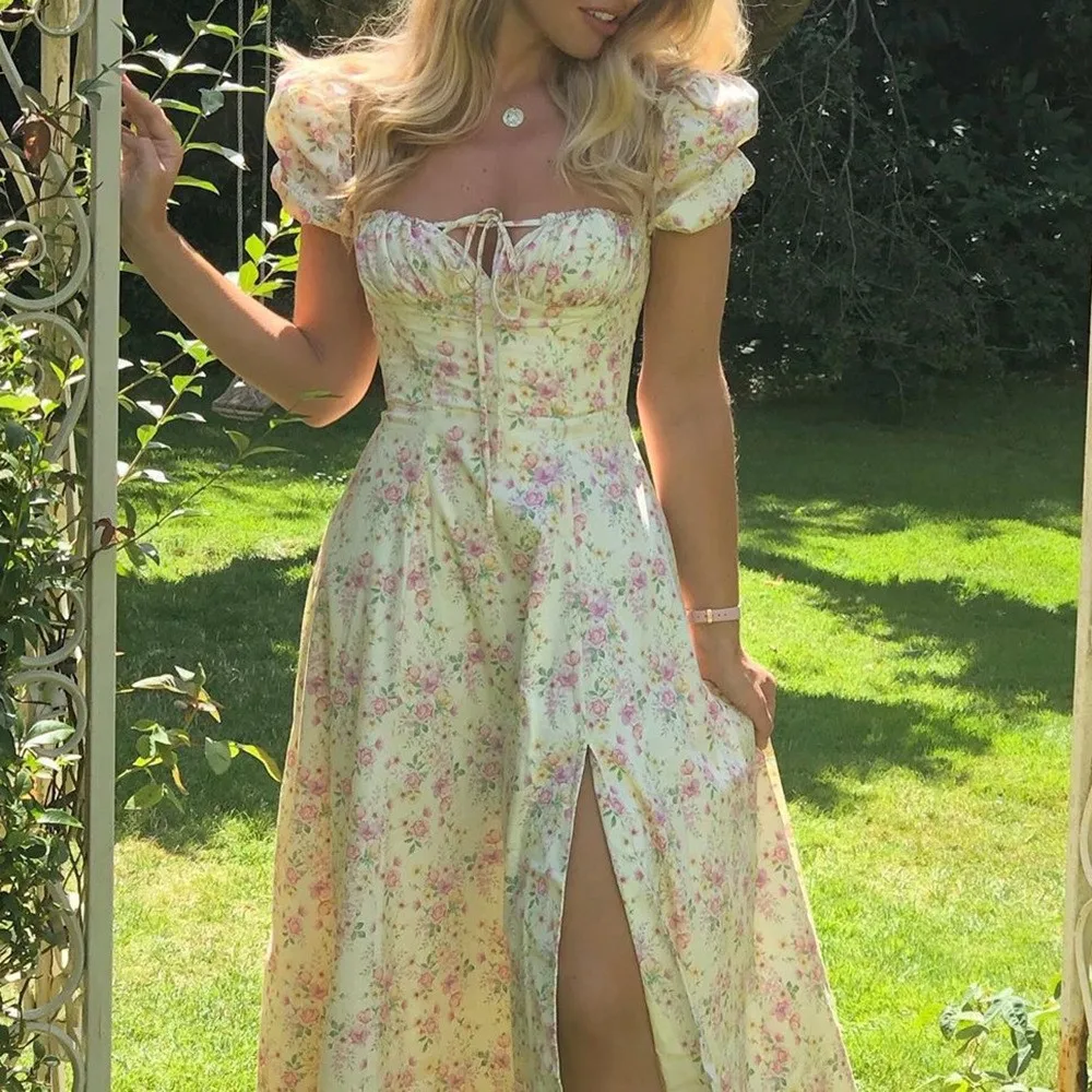 

Spring printed French floral backless slim sling slit dress