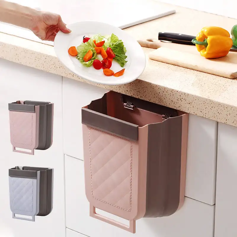 

Kitchen Wall-mounted Folding Trash Can Household Cabinet Hanging Storage Trash Basket Creative Classification Hanging Trash Can